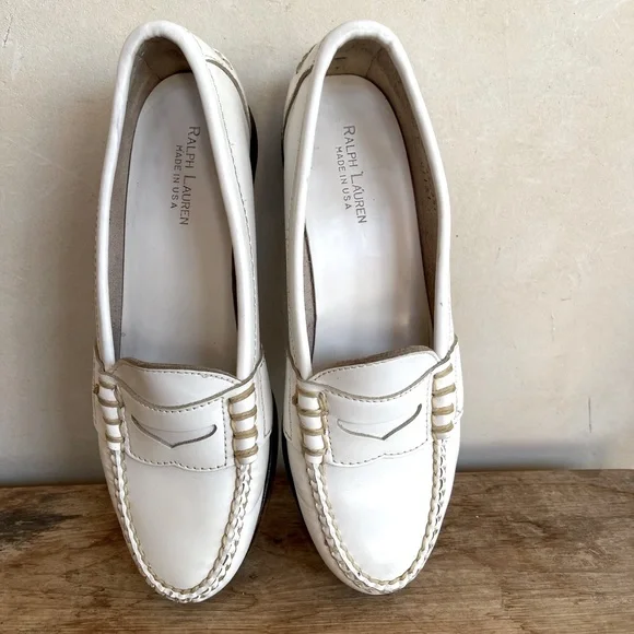 RALPH LAUREN Vtg White Leather Loafer Woman’s 7.5B Bench Made Maine USA RARE